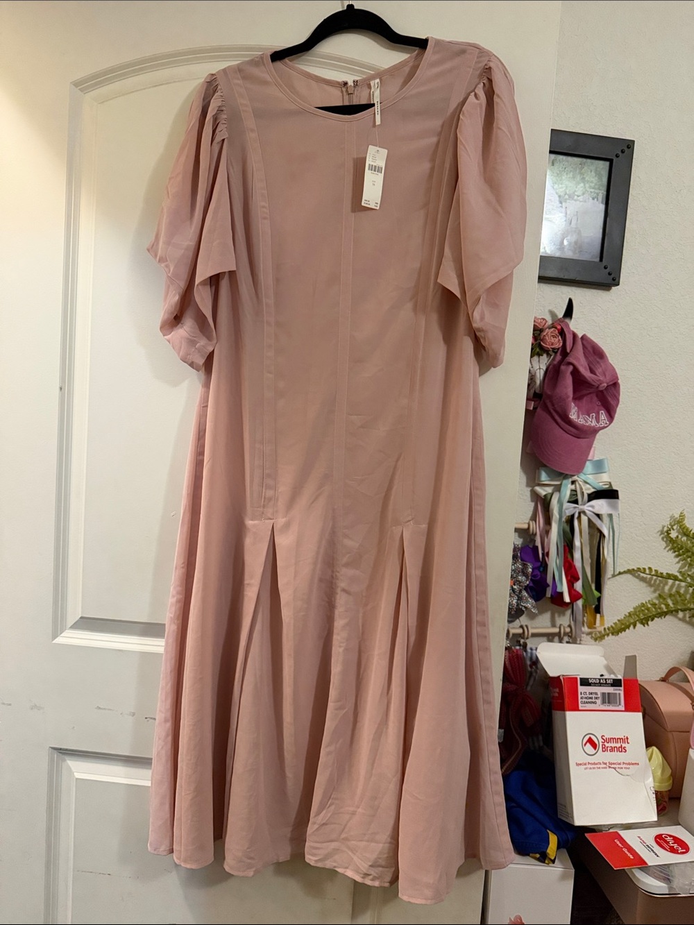 Elegant Pink Puff-Sleeve Sheer Midi Dress